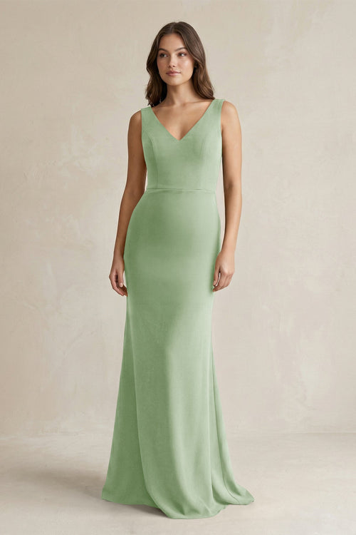 V - Neck Sheath Satin Maxi Bridesmaid Dress in Sage - KissProm Bridesmaid Dresses