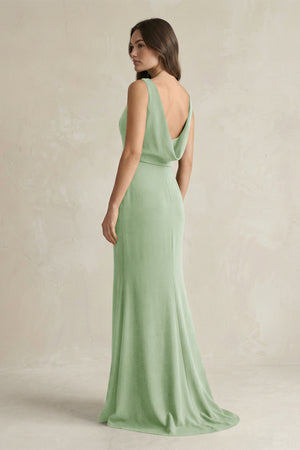 V - Neck Sheath Satin Maxi Bridesmaid Dress in Sage - KissProm Bridesmaid Dresses
