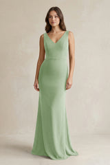 V - Neck Sheath Satin Maxi Bridesmaid Dress in Sage - KissProm Bridesmaid Dresses