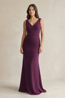 V - Neck Sheath Satin Maxi Bridesmaid Dress in Sangria - KissProm Bridesmaid Dresses