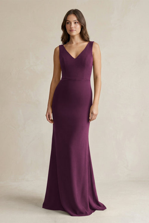 V - Neck Sheath Satin Maxi Bridesmaid Dress in Sangria - KissProm Bridesmaid Dresses