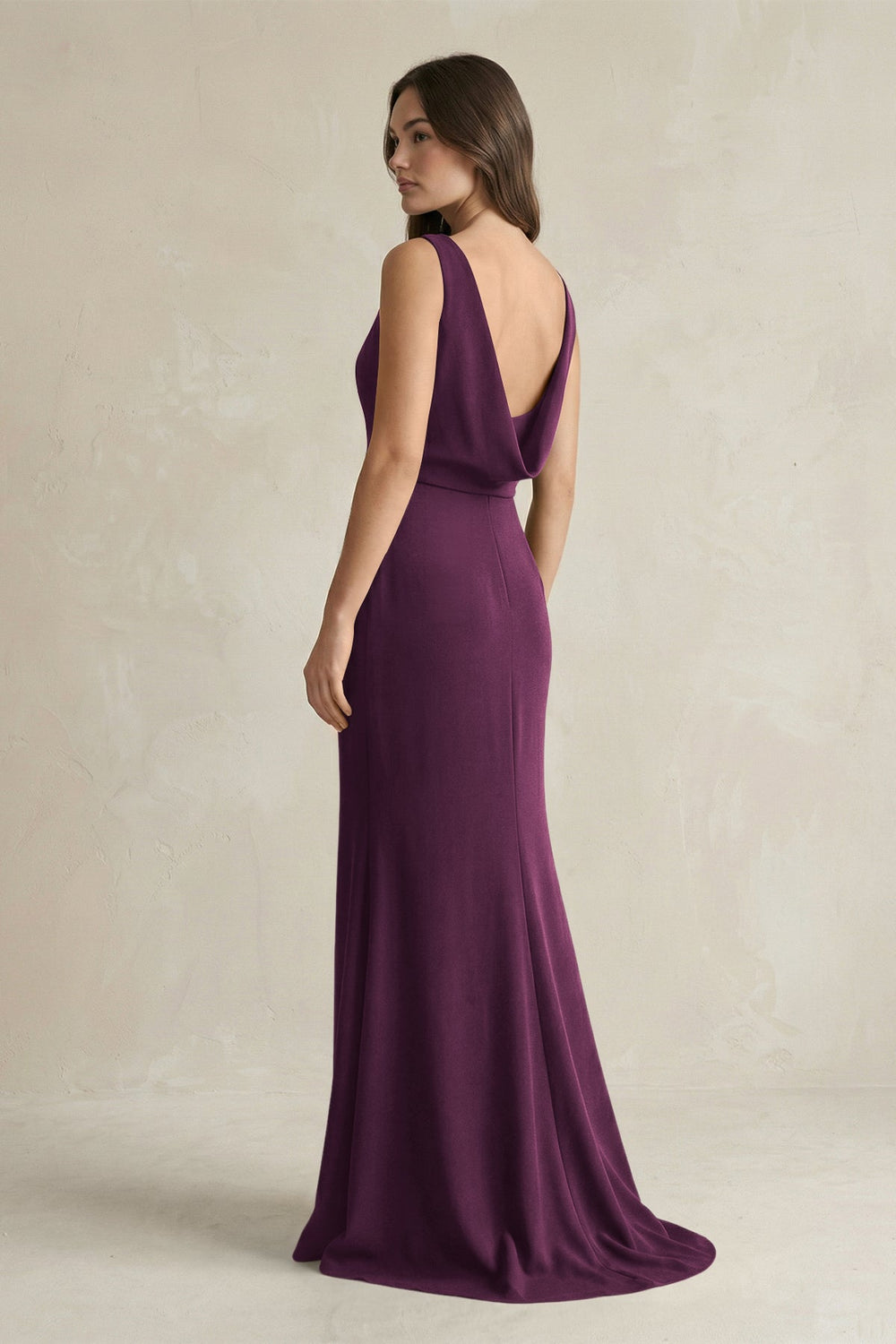 V - Neck Sheath Satin Maxi Bridesmaid Dress in Sangria - KissProm Bridesmaid Dresses