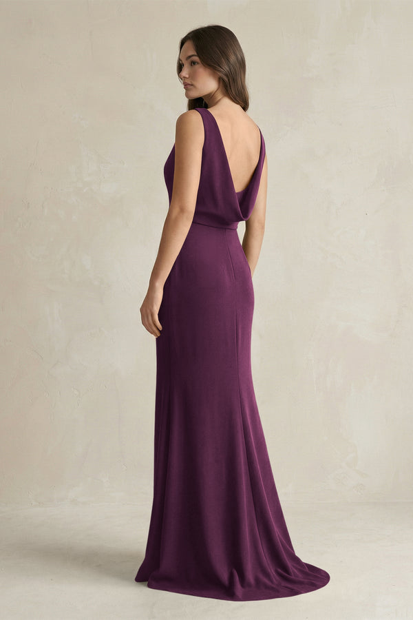 V - Neck Sheath Satin Maxi Bridesmaid Dress in Sangria - KissProm Bridesmaid Dresses