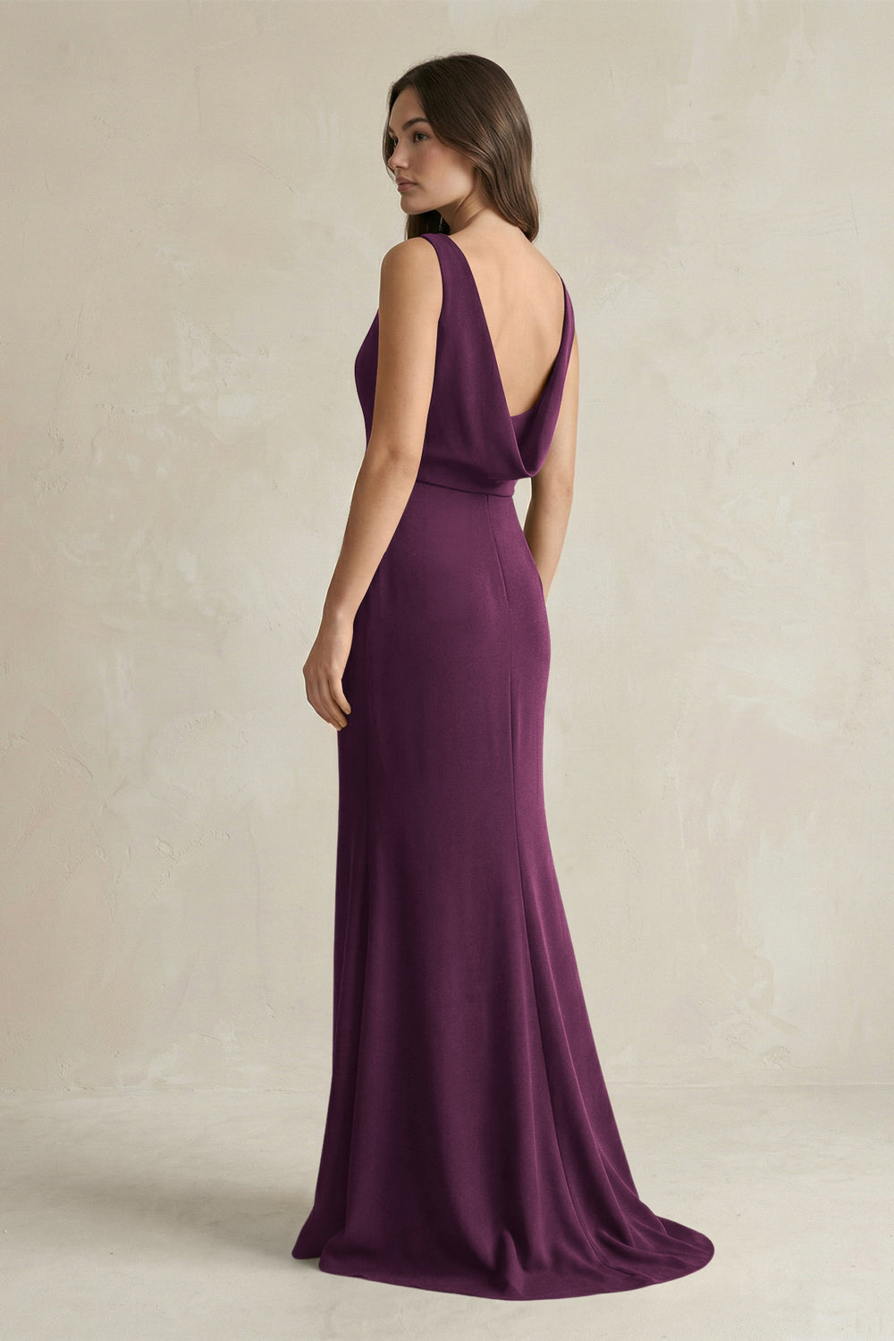 V - Neck Sheath Satin Maxi Bridesmaid Dress in Sangria - KissProm Bridesmaid Dresses