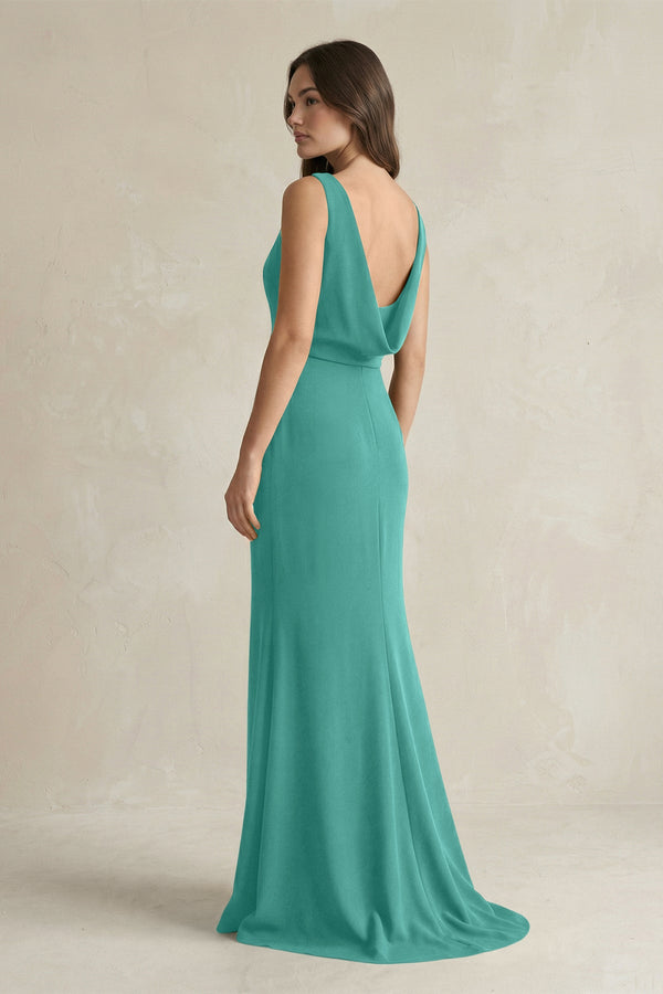 V - Neck Sheath Satin Maxi Bridesmaid Dress in Sea Glass - KissProm Bridesmaid Dresses