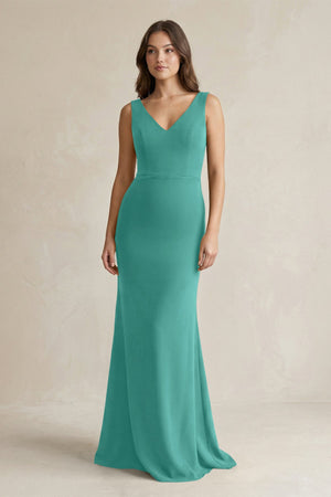 V - Neck Sheath Satin Maxi Bridesmaid Dress in Sea Glass - KissProm Bridesmaid Dresses