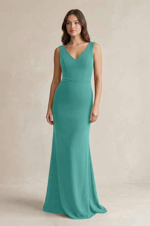 V - Neck Sheath Satin Maxi Bridesmaid Dress in Sea Glass - KissProm Bridesmaid Dresses