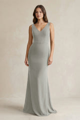 V - Neck Sheath Satin Maxi Bridesmaid Dress in Silver - KissProm Bridesmaid Dresses
