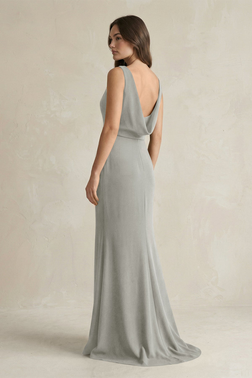 V - Neck Sheath Satin Maxi Bridesmaid Dress in Silver - KissProm Bridesmaid Dresses