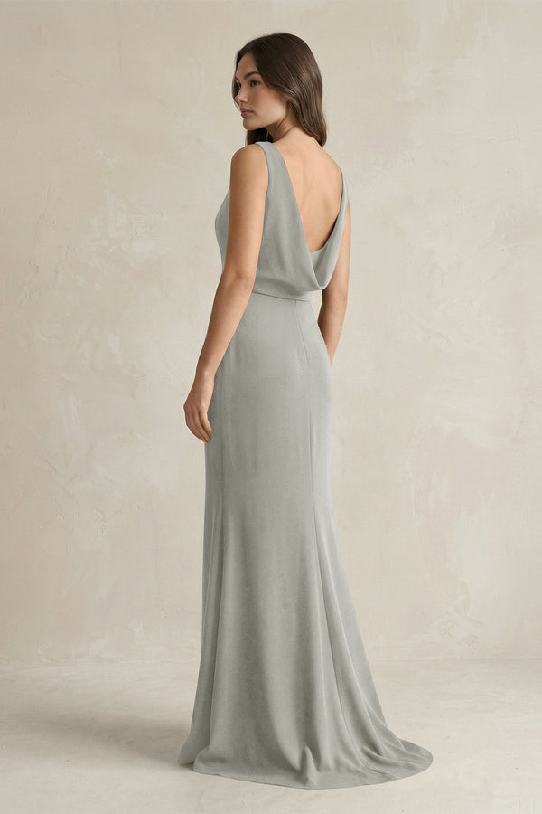 V - Neck Sheath Satin Maxi Bridesmaid Dress in Silver - KissProm Bridesmaid Dresses