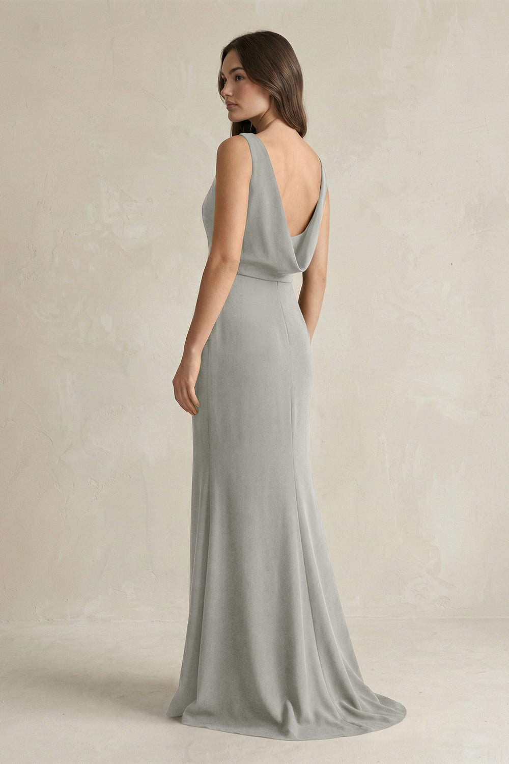 V - Neck Sheath Satin Maxi Bridesmaid Dress in Silver - KissProm Bridesmaid Dresses