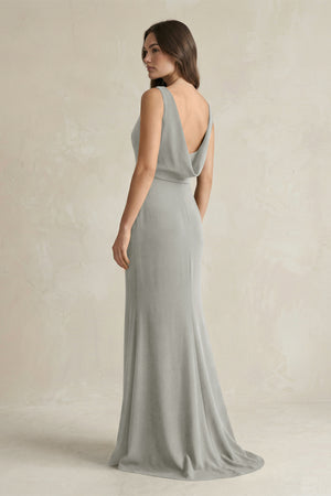 V - Neck Sheath Satin Maxi Bridesmaid Dress in Silver - KissProm Bridesmaid Dresses