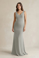 V - Neck Sheath Satin Maxi Bridesmaid Dress in Silver - KissProm Bridesmaid Dresses
