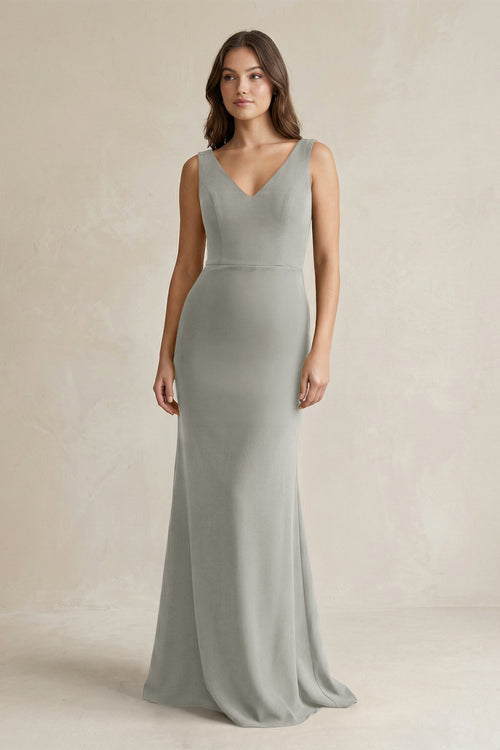 V - Neck Sheath Satin Maxi Bridesmaid Dress in Silver - KissProm Bridesmaid Dresses