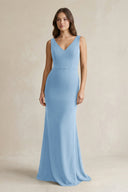 V - Neck Sheath Satin Maxi Bridesmaid Dress in Sky Blue - KissProm Bridesmaid Dresses