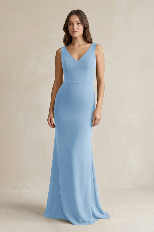 V - Neck Sheath Satin Maxi Bridesmaid Dress in Sky Blue - KissProm Bridesmaid Dresses