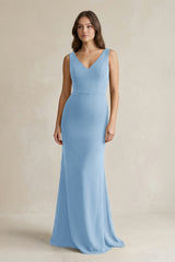 V - Neck Sheath Satin Maxi Bridesmaid Dress in Sky Blue - KissProm Bridesmaid Dresses