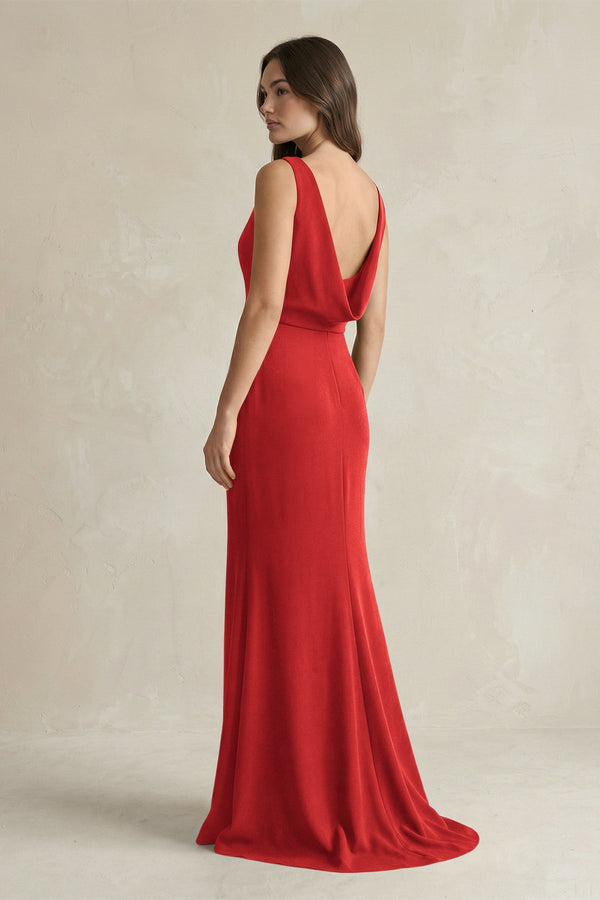 V - Neck Sheath Satin Maxi Bridesmaid Dress in Spice - KissProm Bridesmaid Dresses
