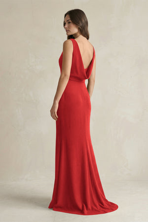 V - Neck Sheath Satin Maxi Bridesmaid Dress in Spice - KissProm Bridesmaid Dresses