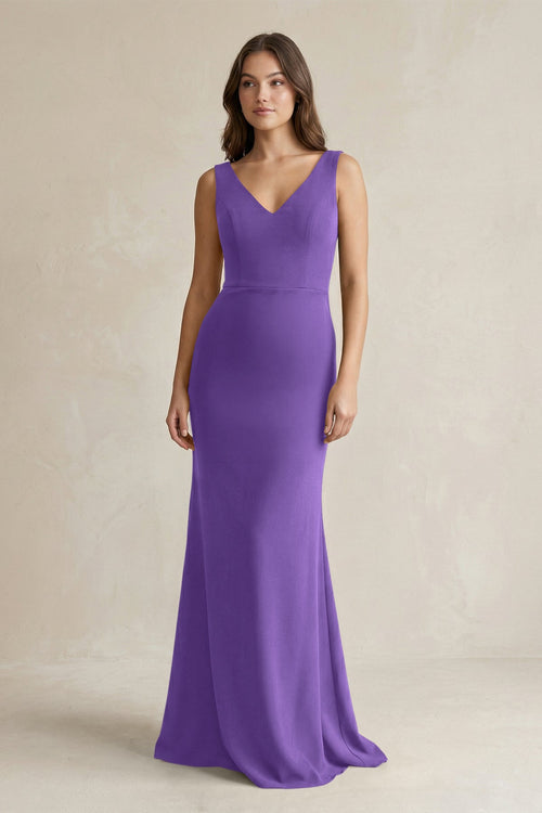 V - Neck Sheath Satin Maxi Bridesmaid Dress in Tahiti - KissProm Bridesmaid Dresses