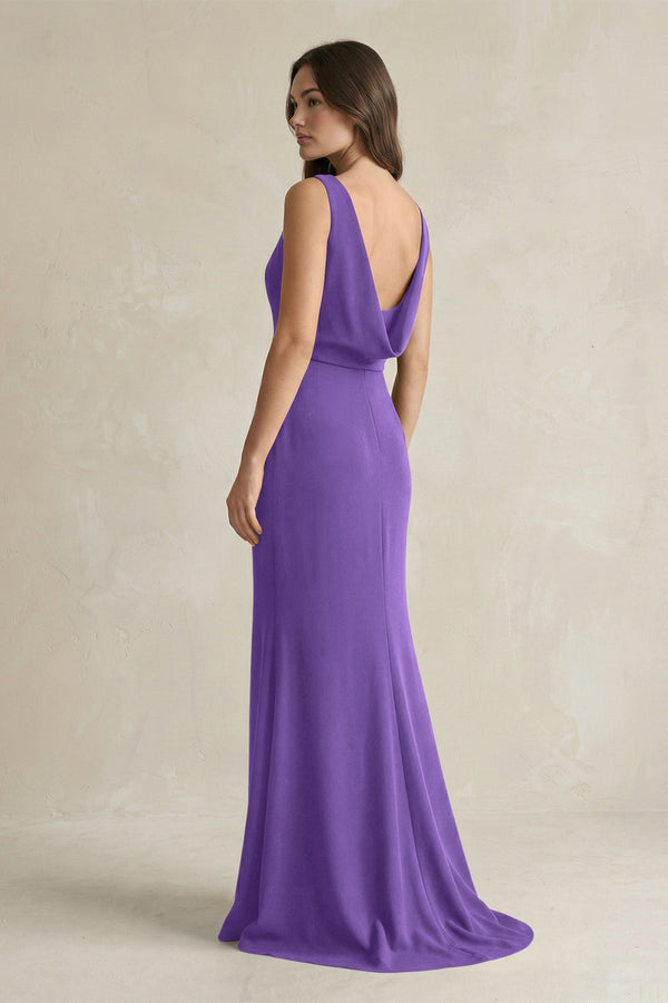 V - Neck Sheath Satin Maxi Bridesmaid Dress in Tahiti - KissProm Bridesmaid Dresses