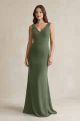 V - Neck Sheath Satin Maxi Bridesmaid Dress in Thyme - KissProm Bridesmaid Dresses
