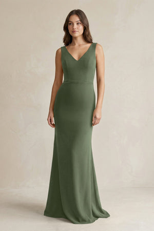 V - Neck Sheath Satin Maxi Bridesmaid Dress in Thyme - KissProm Bridesmaid Dresses