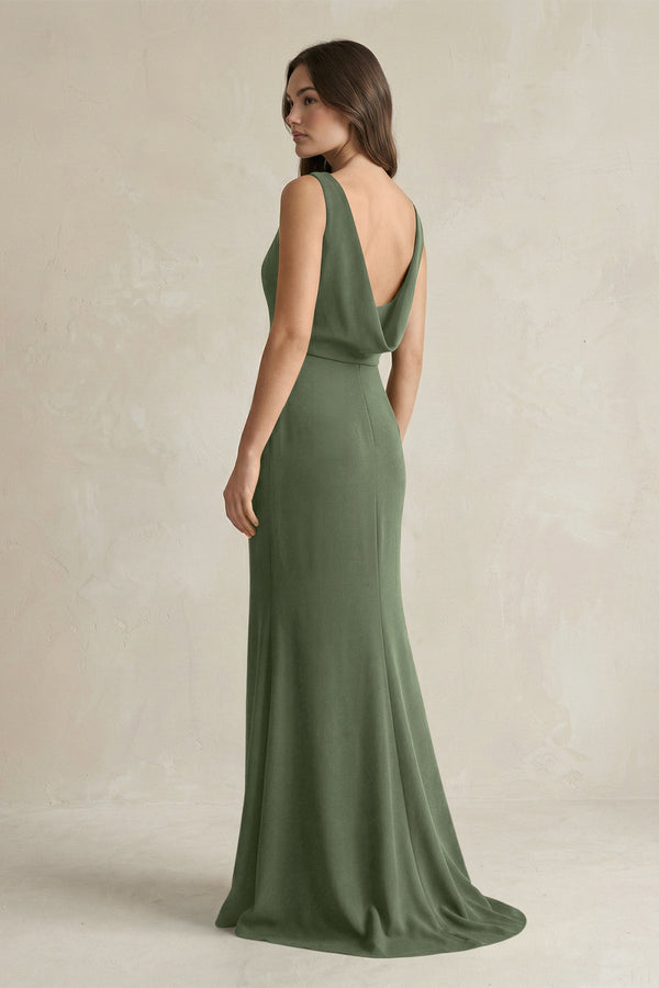V - Neck Sheath Satin Maxi Bridesmaid Dress in Thyme - KissProm Bridesmaid Dresses