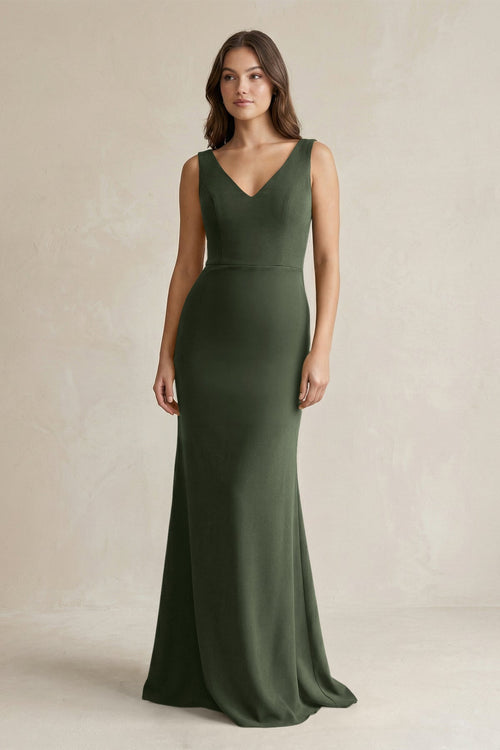 v neck satin maxi dress V-Neck Sheath Satin Maxi Bridesmaid Dress in Thyme