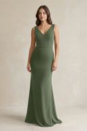 V - Neck Sheath Satin Maxi Bridesmaid Dress in Thyme - KissProm Bridesmaid Dresses