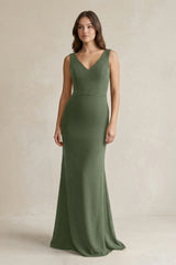 V - Neck Sheath Satin Maxi Bridesmaid Dress in Thyme - KissProm Bridesmaid Dresses