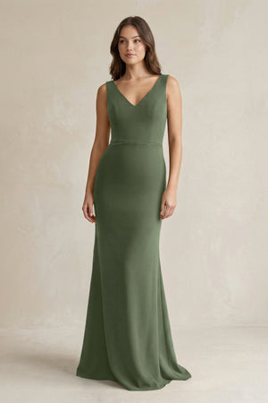 V - Neck Sheath Satin Maxi Bridesmaid Dress in Thyme - KissProm Bridesmaid Dresses