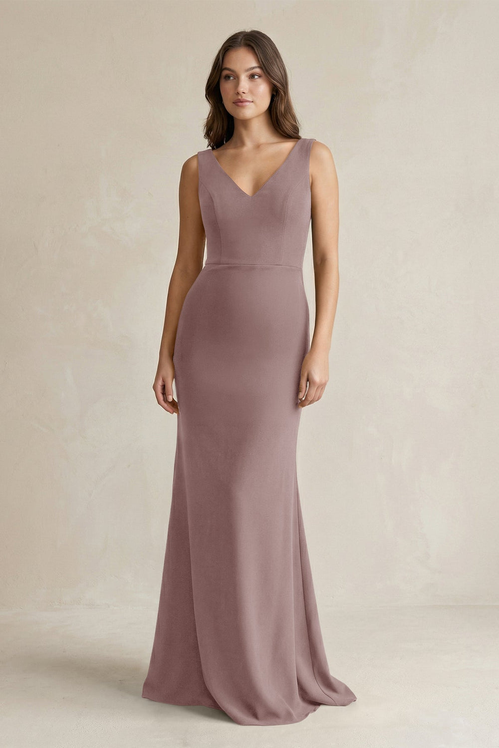 V - Neck Sheath Satin Maxi Bridesmaid Dress in Toffee - KissProm Bridesmaid Dresses