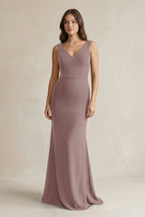 V - Neck Sheath Satin Maxi Bridesmaid Dress in Toffee - KissProm Bridesmaid Dresses