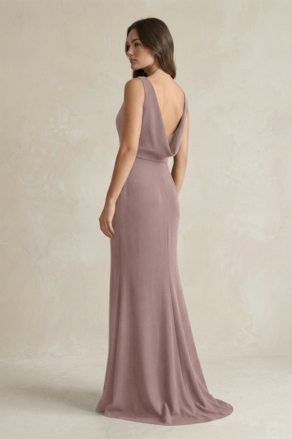 V - Neck Sheath Satin Maxi Bridesmaid Dress in Toffee - KissProm Bridesmaid Dresses