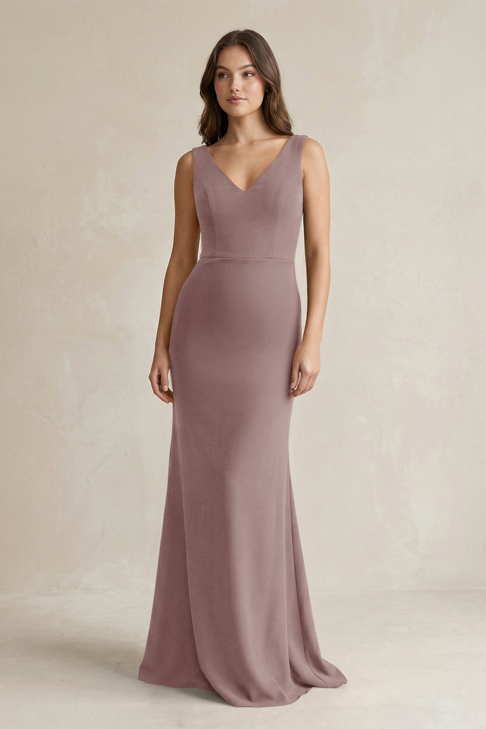 V - Neck Sheath Satin Maxi Bridesmaid Dress in Toffee - KissProm Bridesmaid Dresses