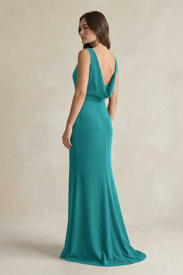 V - Neck Sheath Satin Maxi Bridesmaid Dress in Turquoise - KissProm Bridesmaid Dresses