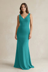 V - Neck Sheath Satin Maxi Bridesmaid Dress in Turquoise - KissProm Bridesmaid Dresses