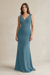V - Neck Sheath Satin Maxi Bridesmaid Dress in Twilight - KissProm Bridesmaid Dresses