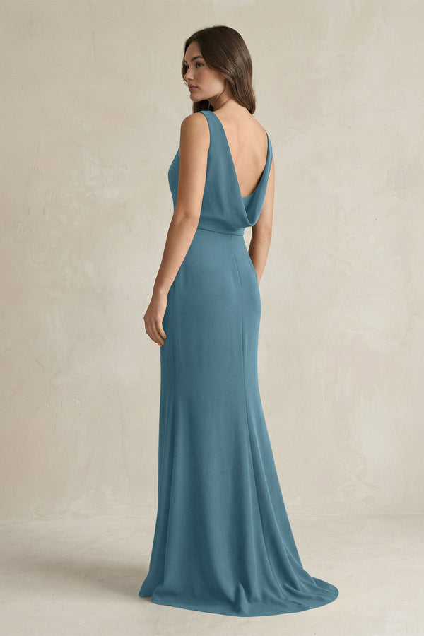 V - Neck Sheath Satin Maxi Bridesmaid Dress in Twilight - KissProm Bridesmaid Dresses