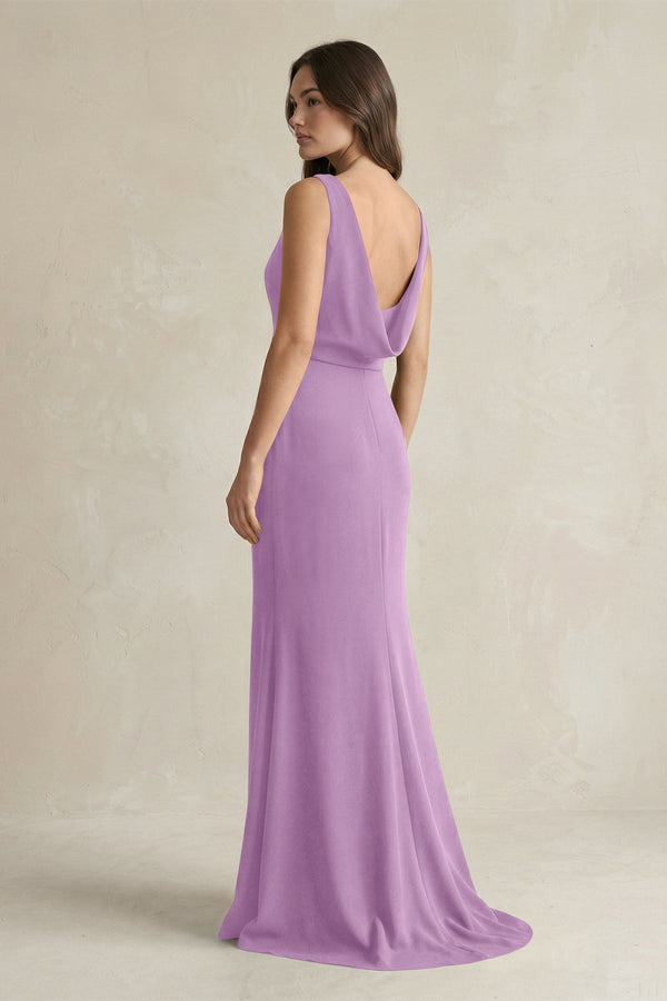 V - Neck Sheath Satin Maxi Bridesmaid Dress in Vintage Mauve - KissProm Bridesmaid Dresses