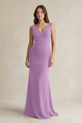V - Neck Sheath Satin Maxi Bridesmaid Dress in Vintage Mauve - KissProm Bridesmaid Dresses