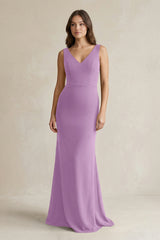 V - Neck Sheath Satin Maxi Bridesmaid Dress in Vintage Mauve - KissProm Bridesmaid Dresses