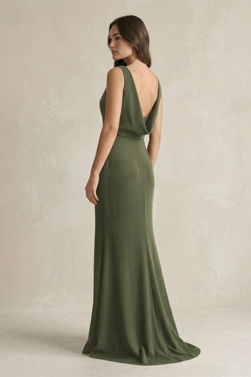 V - Neck Sheath Satin Maxi Bridesmaid Dress in Willow Green - KissProm Bridesmaid Dresses