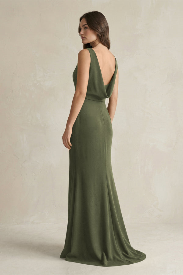 V - Neck Sheath Satin Maxi Bridesmaid Dress in Willow Green - KissProm Bridesmaid Dresses