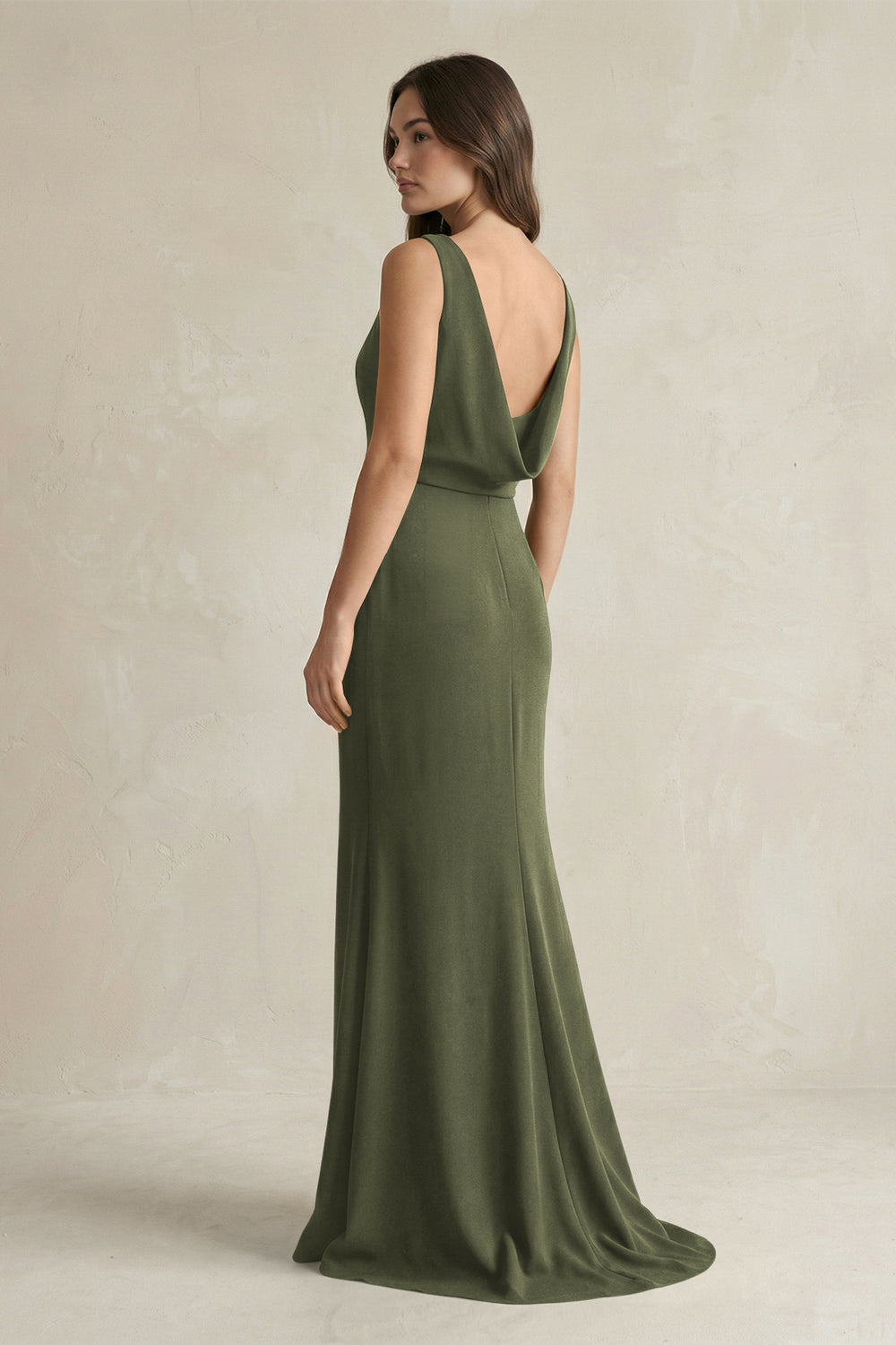 V - Neck Sheath Satin Maxi Bridesmaid Dress in Willow Green - KissProm Bridesmaid Dresses