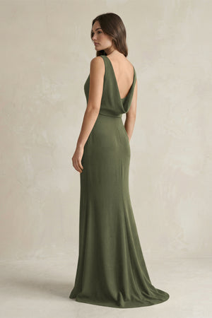 V - Neck Sheath Satin Maxi Bridesmaid Dress in Willow Green - KissProm Bridesmaid Dresses