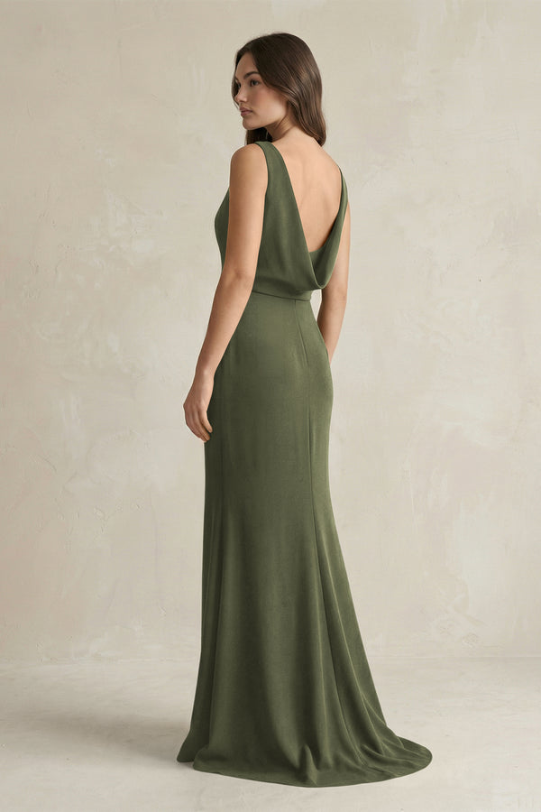 V - Neck Sheath Satin Maxi Bridesmaid Dress in Willow Green - KissProm Bridesmaid Dresses