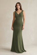 V - Neck Sheath Satin Maxi Bridesmaid Dress in Willow Green - KissProm Bridesmaid Dresses