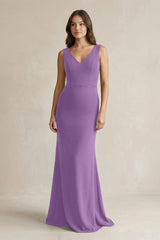 V - Neck Sheath Satin Maxi Bridesmaid Dress in Wisteria - KissProm Bridesmaid Dresses